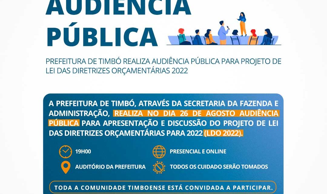 Prefeitura de Timbó realiza nesta quinta-feira audiência pública para Projeto de Lei das Diretrizes Orçamentárias 2022