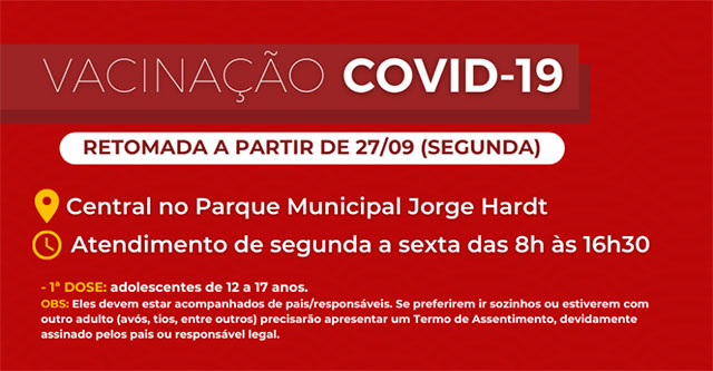 Indaial – Saúde retoma vacinação contra a Covid-19 em adolescentes de 12 a 17 anos