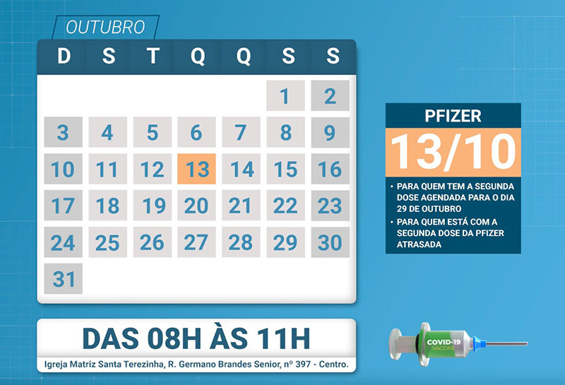 Confira o cronograma da segunda dose da vacina da Covid-19 em Timbó para a próxima semana (dia 13/10)