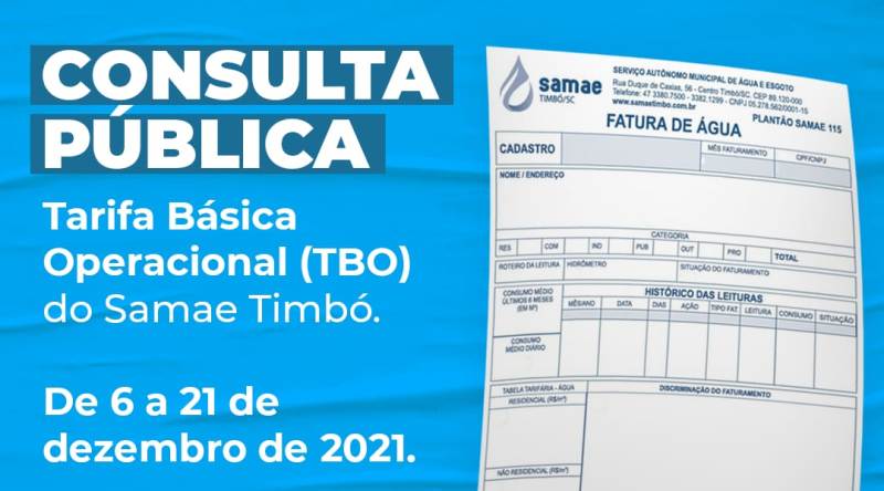 SAMAE Timbó divulga informações sobre Consulta Pública a respeito da Tarifa Básica Operacional (TBO)