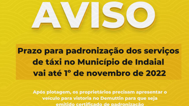 Prazo para padronização dos serviços de táxi no Município de Indaial vai até 1º de novembro