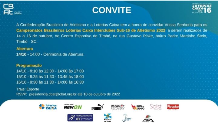 Timbó recebe Campeonato Brasileiro Loterias Caixa Interclubes Sub-16 de Atletismo 2022