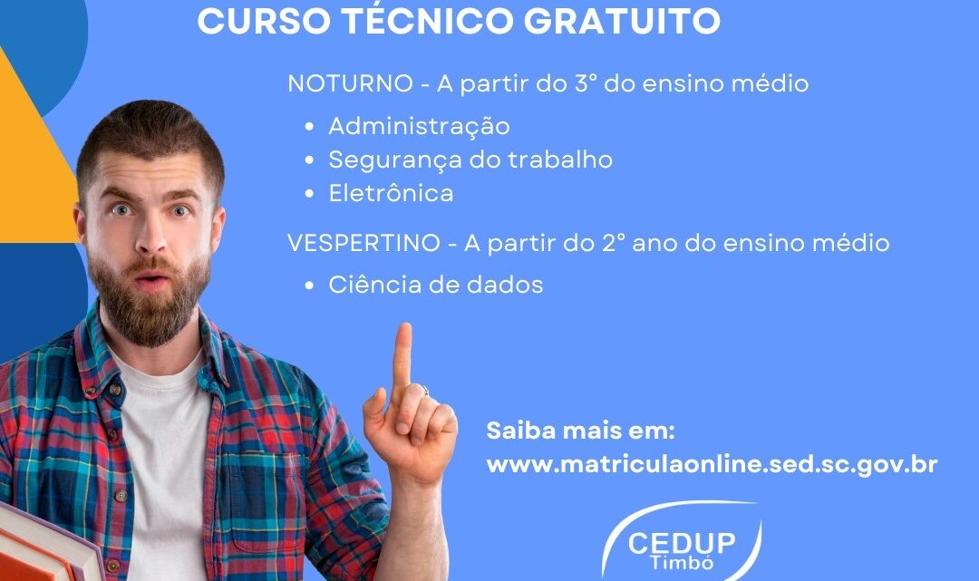 Cedup Timbó está com matrículas abertas para cursos técnicos gratuitos