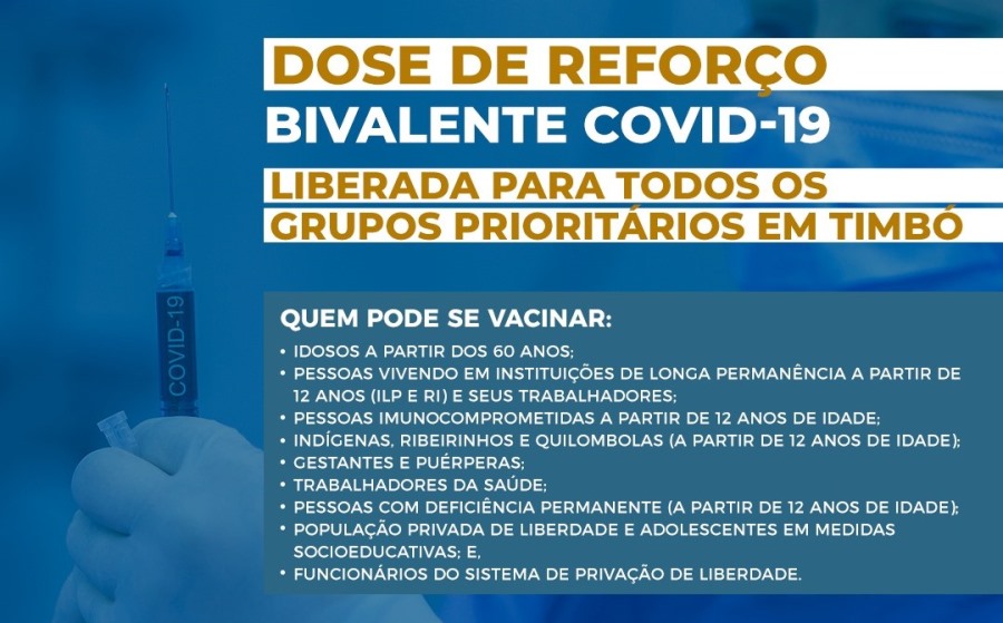 Dose bivalente da vacina contra Covid-19 é liberada para todos os grupos prioritários em Timbó