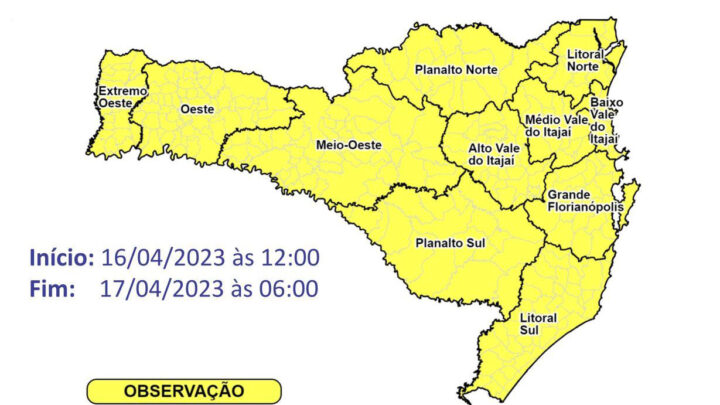 Temporais com raios, rajadas de vento, eventual queda de granizo, chuva intensa e volumosa entre domingo (16) e segunda-feira (17)