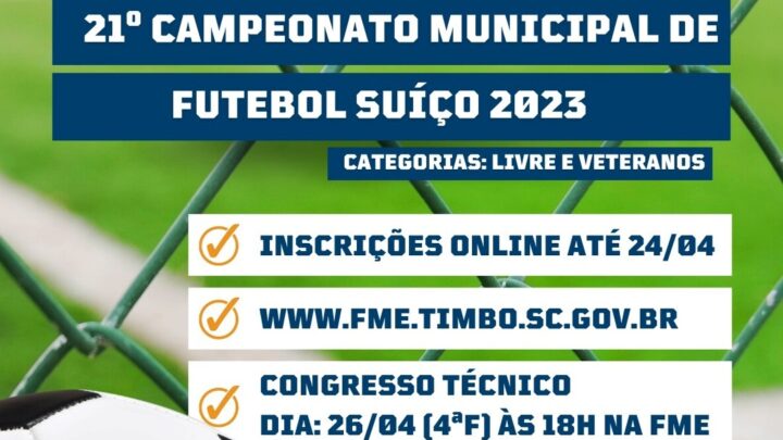 Inscrições para Campeonato Municipal de Futebol Suíço de Timbó segue até 24 de abril