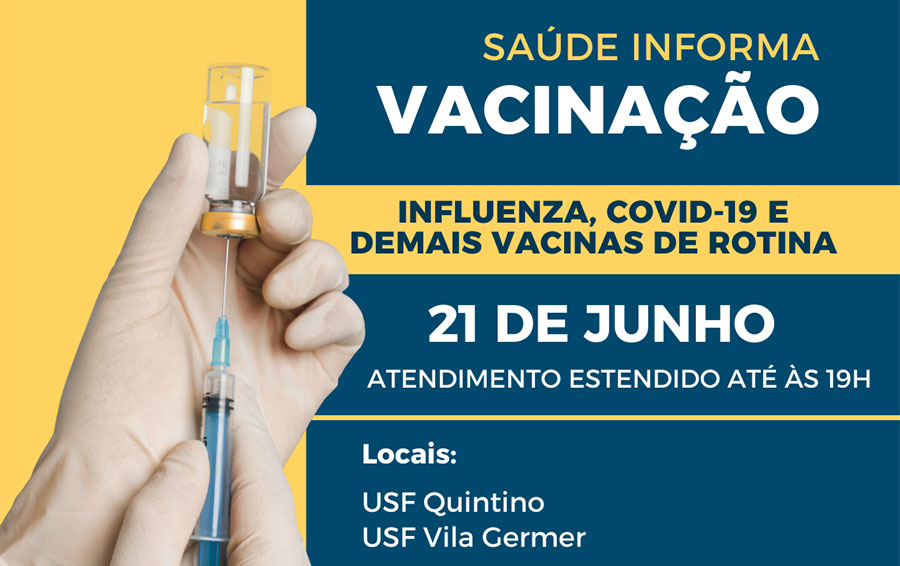 Unidades de Saúde da Quintino e Vila Germer terão horário estendido nesta quarta-feira para aplicação de vacina