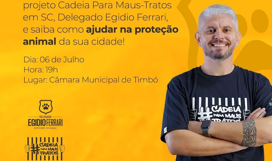 Deputado Egidio Ferrari realiza palestra sobre proteção animal em Timbó (SC)