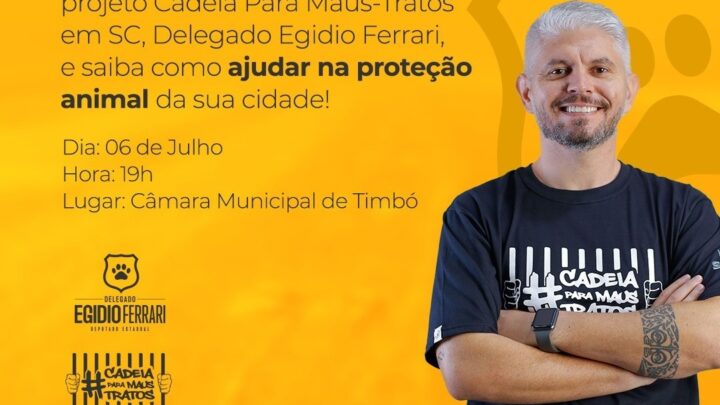 Deputado Egidio Ferrari realiza palestra sobre proteção animal em Timbó (SC)