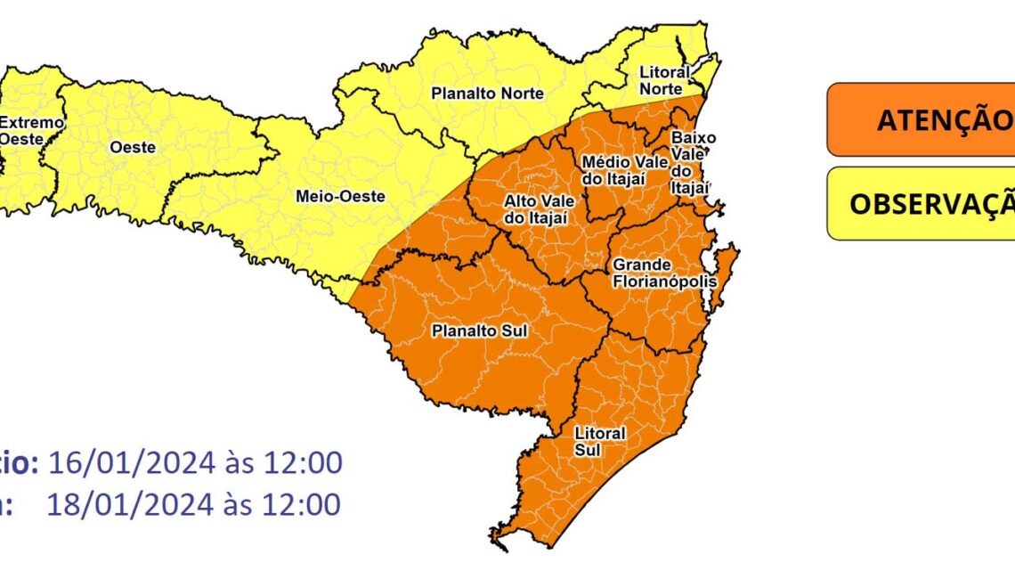 Temporais nas tardes de terça (16) e quarta-feira (17), e chuva volumosa entre quarta e quinta-feira (18) no sul do estado