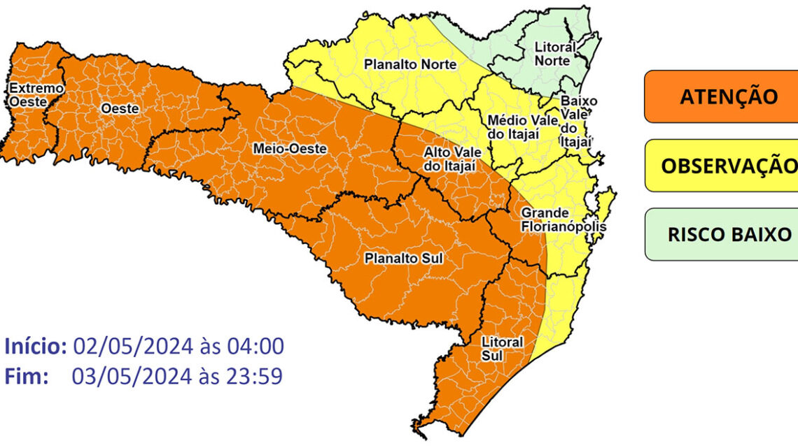 Atenção Meteorológica Defesa Civil SC – Temporais com chuva intensa e volumosa entre a quinta (02) e a sexta-feira (03)