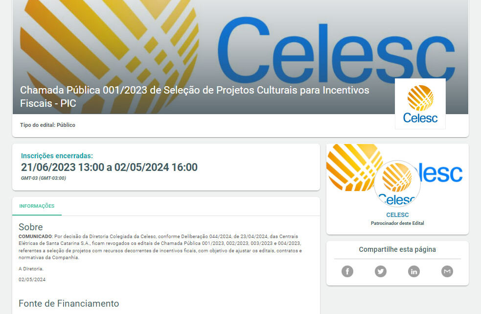 Celesc revoga editais e coloca em risco projetos culturais, esportivos, de assistência social e saúde em SC