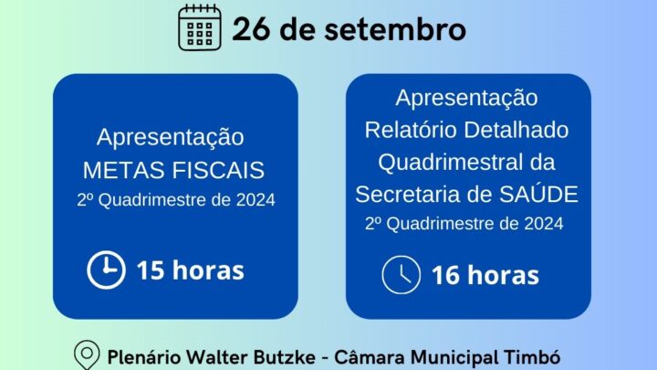 Câmara Municipal de Timbó realiza, dia 26, Audiências Públicas sobre Metas Fiscais e Relatório Detalhado da Secretaria de Saúde