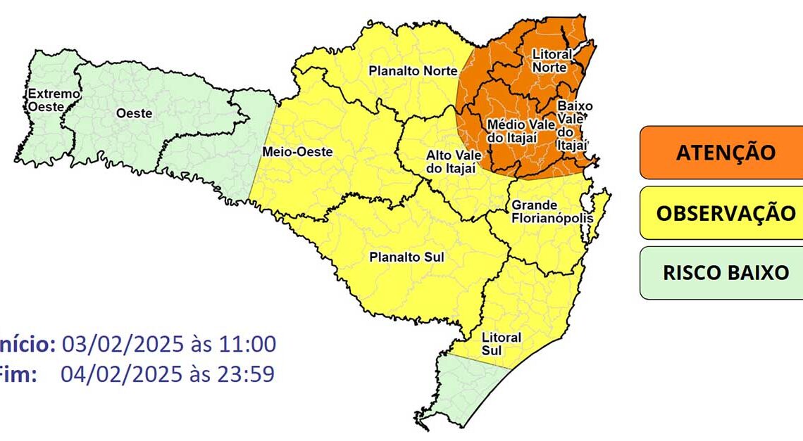 Defesa Civil SC – Temporais com chuva intensa entre as tardes e noites de segunda (03) e terça-feira (04)