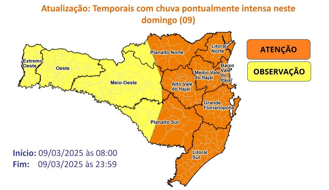 Atenção Meteorológica DC/SC – Temporais com chuva pontualmente intensa neste domingo (09)